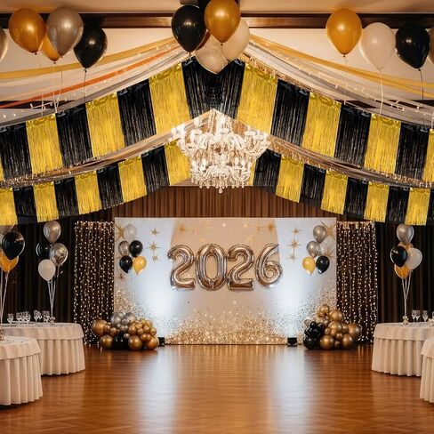3 Pack 10 Feet Black Gold Tinsel Garland,Ideal Parade Float Decorations for Trailer,Foil Fringe Garland for Graduation,Carnival,Birthday,Party Decor,Indoor,Outdoor,Mall Stage,Decoration in Saudi Arabia