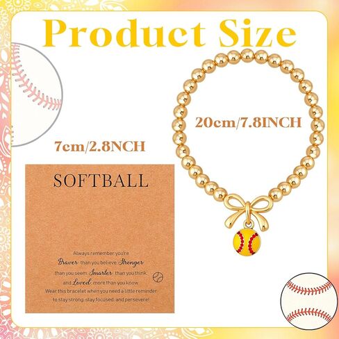 Sureio 12 Pcs Softball Bracelets Gift Bow Stretch Bracelets Charm Bracelet with Inspirational Gift Card for Women Sport(Softball) in Saudi Arabia