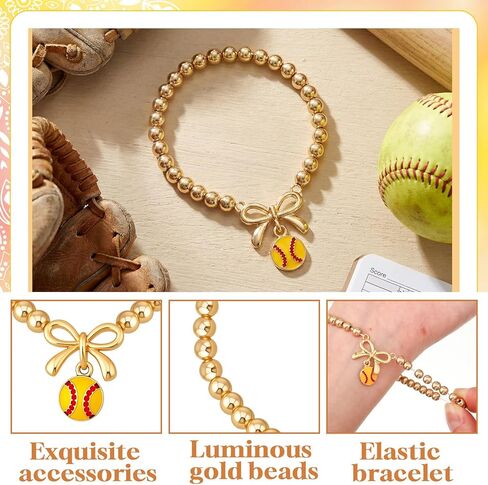 Sureio 12 Pcs Softball Bracelets Gift Bow Stretch Bracelets Charm Bracelet with Inspirational Gift Card for Women Sport(Softball) in Saudi Arabia