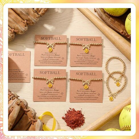 Sureio 12 Pcs Softball Bracelets Gift Bow Stretch Bracelets Charm Bracelet with Inspirational Gift Card for Women Sport(Softball) in Saudi Arabia