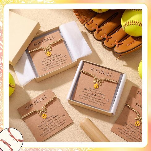 Sureio 12 Pcs Softball Bracelets Gift Bow Stretch Bracelets Charm Bracelet with Inspirational Gift Card for Women Sport(Softball) in Saudi Arabia