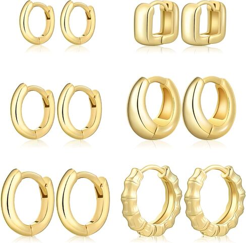 Wgoud Small Gold Hoop Earrings Set for Women, 6 Pairs 14K Gold Plated Hypoallergenic Lightweight Huggie Hoops Earrings, Gold Cartilage Cubic Zirconia Earrings for Women Gifts. in Kuwait