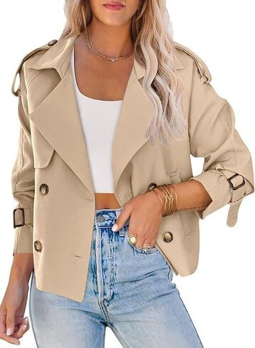utcoco Women's Cropped Trench Coat Double-Breasted Short Trench Jacket Notch Long Sleeve Fall Outfit in Saudi Arabia