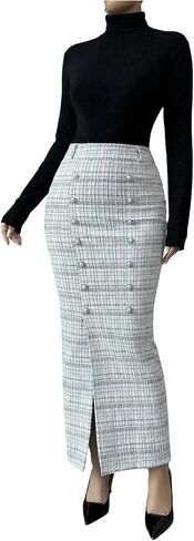 WDIRARA Women's Plaid Pearl Button Front Bodycon Skirts High Rise Split Business Casual Skirts in Saudi Arabia