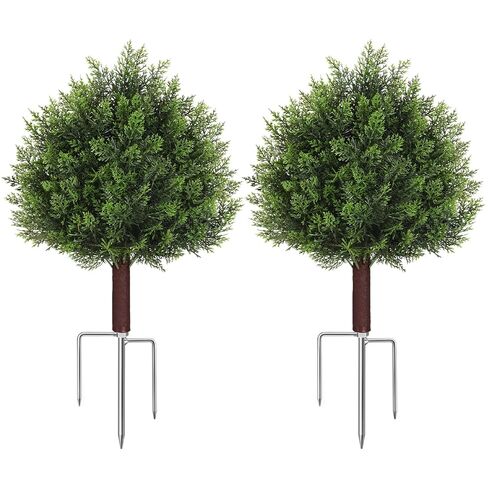 Suntee Artificial Cedar Topiary Trees with Ground Spike, 2 Pack Fake Bushes Topiary Trees Artificial Outdoor, UV Resistant Evergreen Outdoor Faux Plants for Garden Front Porch Decor (18.9in+7.1in) in Saudi Arabia