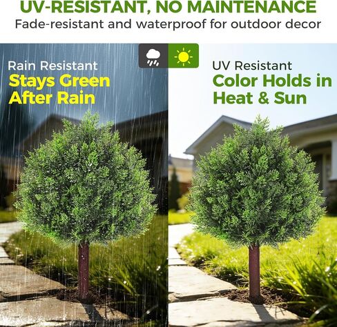 Suntee Artificial Cedar Topiary Trees with Ground Spike, 2 Pack Fake Bushes Topiary Trees Artificial Outdoor, UV Resistant Evergreen Outdoor Faux Plants for Garden Front Porch Decor (18.9in+7.1in) in Saudi Arabia