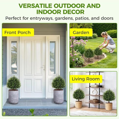 Suntee Artificial Cedar Topiary Trees with Ground Spike, 2 Pack Fake Bushes Topiary Trees Artificial Outdoor, UV Resistant Evergreen Outdoor Faux Plants for Garden Front Porch Decor (18.9in+7.1in) in Saudi Arabia