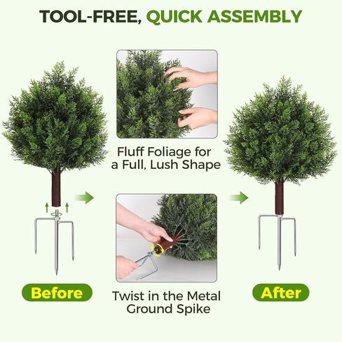Suntee Artificial Cedar Topiary Trees with Ground Spike, 2 Pack Fake Bushes Topiary Trees Artificial Outdoor, UV Resistant Evergreen Outdoor Faux Plants for Garden Front Porch Decor (18.9in+7.1in) in Saudi Arabia