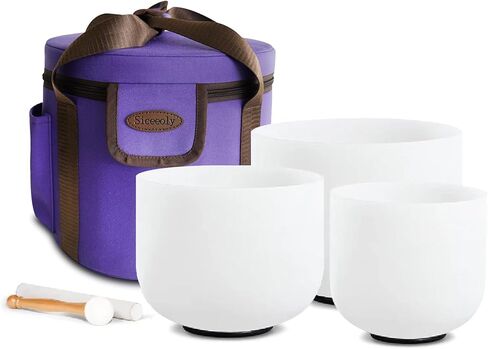 مجموعة Siceeoly مكونة من 3 أوعية للغناء مقاس 8-12 بوصة 8 بوصة B 10 بوصة F 12 بوصة C بلوري شقرا كوارتز أبيض كريستالي لمعالجة الصوت مع 1 حقيبة حمل للسفر 1 مطرقة من جلد الغزال 1 مهاجم 3 حلقات دائرية in Kuwait