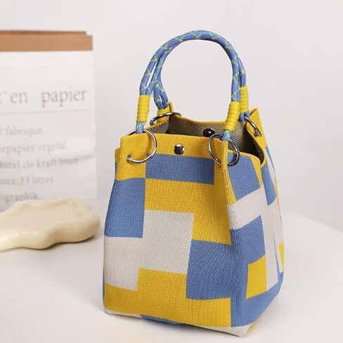 Canvas Color Block Bucket Bag,Rope Handle Tote with Metal Grommets, Casual Boho Beach Travel Handbag in Saudi Arabia