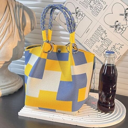 Canvas Color Block Bucket Bag,Rope Handle Tote with Metal Grommets, Casual Boho Beach Travel Handbag in Saudi Arabia
