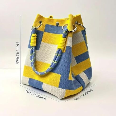 Canvas Color Block Bucket Bag,Rope Handle Tote with Metal Grommets, Casual Boho Beach Travel Handbag in Saudi Arabia
