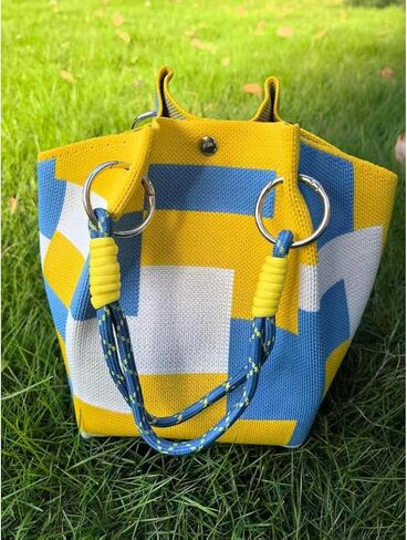 Canvas Color Block Bucket Bag,Rope Handle Tote with Metal Grommets, Casual Boho Beach Travel Handbag in Saudi Arabia