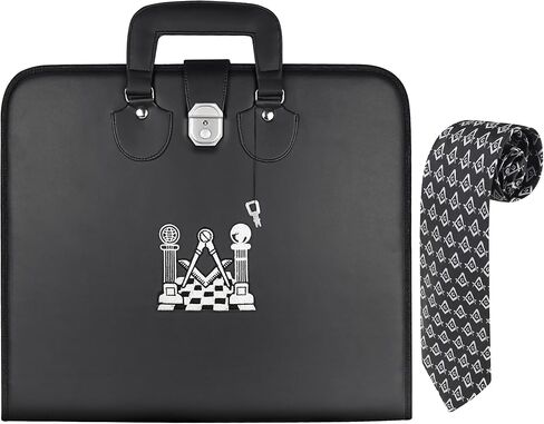 Masonic Master Mason Faux Leather Apron Case with Embroidered Logo, Black, 16x18 Inches, with Knitted Silk Tie in Saudi Arabia