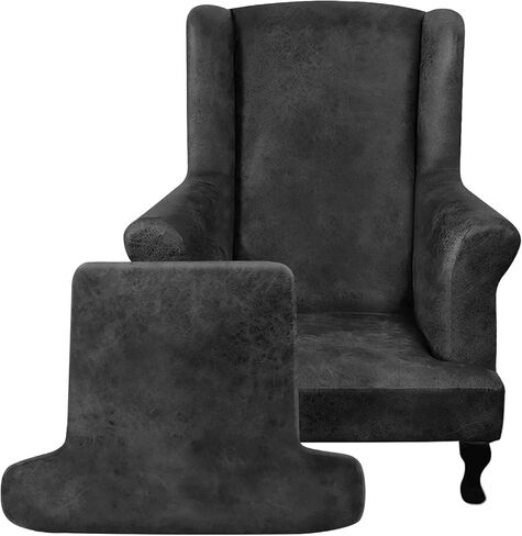Leather Look Wingback Chair Covers, 2-Piece Wing Chair slipcover, Stretch Wing Back Armchair Slipcovers with Elastic Bottom, Soft Spandex Furniture Protector for Living Room, Brown in Kuwait