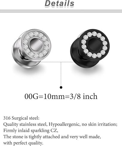 Yaalozei 10G-00G مقياس الزركون الأسود المطلي بالفضة للأذنين 316L فولاذ جراحي داخليًا ملولب مناسب للأنفاق المتوهجة والأقراط المجوفة للنساء والرجال in Kuwait