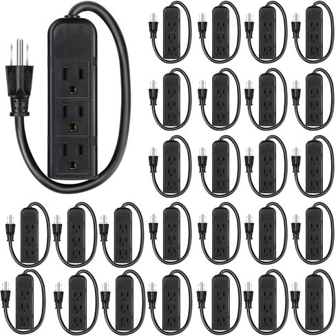 12 Pack 3 Outlet Power Strip Extension Cord with Flat Plug Mini Cord 3 Ground Outlets Heavy Duty Mountable Outlet Strip for Computer Phone Home Office, Black (1 ft) in Saudi Arabia