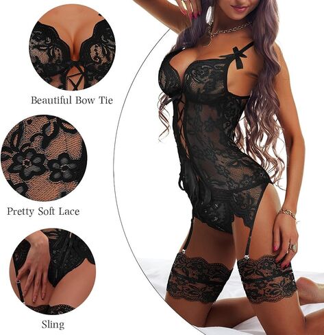 Lace Lingerie for Women Sexy Teddy Strappy Babydoll Lingerie Sets with Bras, Panty and Garter Belt in Kuwait