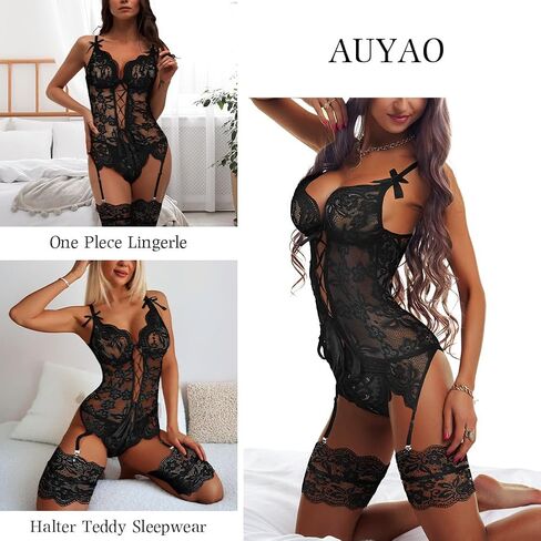 Lace Lingerie for Women Sexy Teddy Strappy Babydoll Lingerie Sets with Bras, Panty and Garter Belt in Kuwait