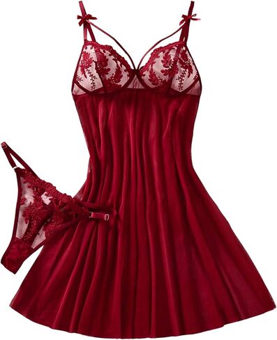 OYOANGLE Women's Two Piece Floral Lace Babydoll Nightgown Underwire Lingerie Dress with String Thong Sets in Saudi Arabia