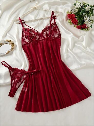 OYOANGLE Women's Two Piece Floral Lace Babydoll Nightgown Underwire Lingerie Dress with String Thong Sets in Saudi Arabia
