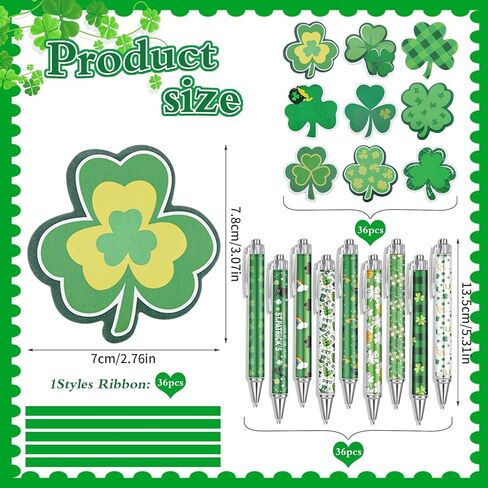 108 قطعة من أقلام عيد القديس باتريك والملاحظات اللاصقة السائبة باللون الأخضر نبات النفل مذكرة لاصقة مع أشرطة هدايا زملاء العمل لهدايا عيد القديس باتريك الثابتة والمكاتب والفصول الدراسية in Kuwait