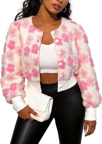 Flygo Women's Cropped Floral Print Fleece Bomber Jacket Puff Sleeve Button Down Varsity Coat Outerwear in Saudi Arabia
