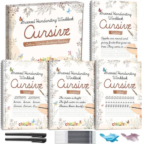 chiazllta 4 Pack Grooved Cursive Handwriting Practice Kit with Disappearing Ink Pens Magic Reusable Grooved Cursive Writing Workbooks Copybook for Beginners （Words&Sentence&Reading&Letters in Saudi Arabia