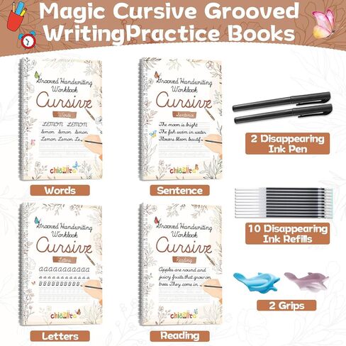 chiazllta 4 Pack Grooved Cursive Handwriting Practice Kit with Disappearing Ink Pens Magic Reusable Grooved Cursive Writing Workbooks Copybook for Beginners （Words&Sentence&Reading&Letters in Saudi Arabia