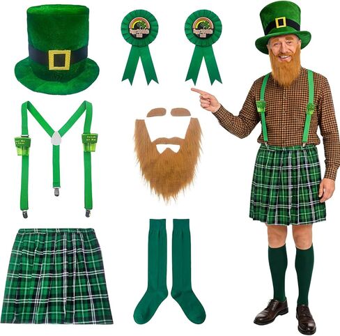 مجموعة أزياء عيد القديس باتريك مكونة من 9 قطع، تتضمن قبعة Leprechaun لحية الكبار الأيرلندية المنقوشة باللون الأخضر وزوجًا من الجوارب الطويلة وكوبين وشارة للرجال والنساء in Kuwait
