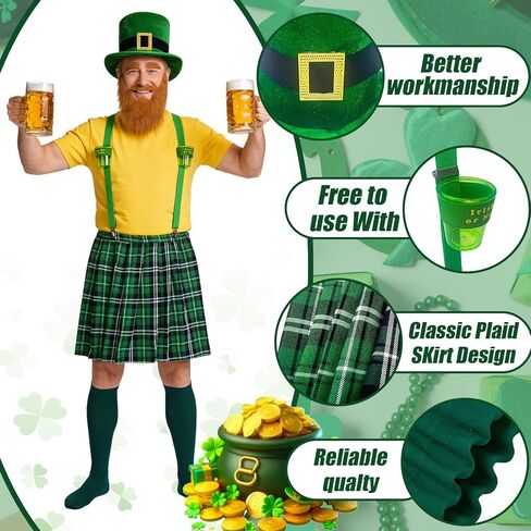 مجموعة أزياء عيد القديس باتريك مكونة من 9 قطع، تتضمن قبعة Leprechaun لحية الكبار الأيرلندية المنقوشة باللون الأخضر وزوجًا من الجوارب الطويلة وكوبين وشارة للرجال والنساء in Kuwait
