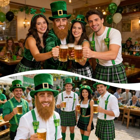 مجموعة أزياء عيد القديس باتريك مكونة من 9 قطع، تتضمن قبعة Leprechaun لحية الكبار الأيرلندية المنقوشة باللون الأخضر وزوجًا من الجوارب الطويلة وكوبين وشارة للرجال والنساء in Kuwait