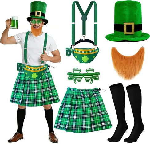 مجموعة أزياء عيد القديس باتريك مكونة من 7 قطع تتضمن حمالات التنورة الخضراء الأيرلندية وحزمة الفاني الخضراء مع قبعة وجورب ولحية وهمية للأزياء الأيرلندية وإكسسوارات الرجال والنساء in Kuwait