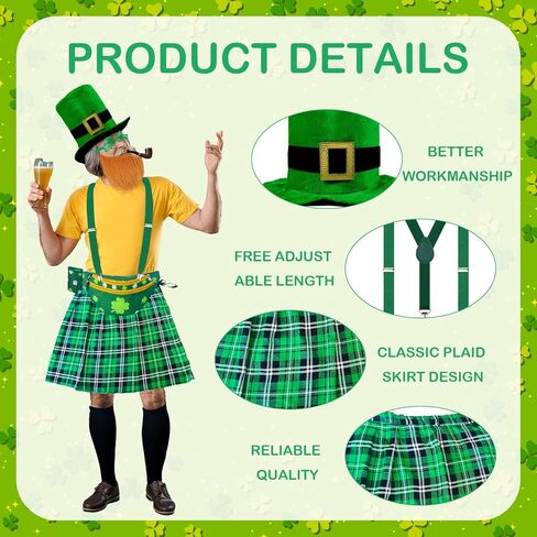 مجموعة أزياء عيد القديس باتريك مكونة من 7 قطع تتضمن حمالات التنورة الخضراء الأيرلندية وحزمة الفاني الخضراء مع قبعة وجورب ولحية وهمية للأزياء الأيرلندية وإكسسوارات الرجال والنساء in Kuwait