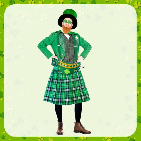 مجموعة أزياء عيد القديس باتريك مكونة من 7 قطع تتضمن حمالات التنورة الخضراء الأيرلندية وحزمة الفاني الخضراء مع قبعة وجورب ولحية وهمية للأزياء الأيرلندية وإكسسوارات الرجال والنساء in Kuwait