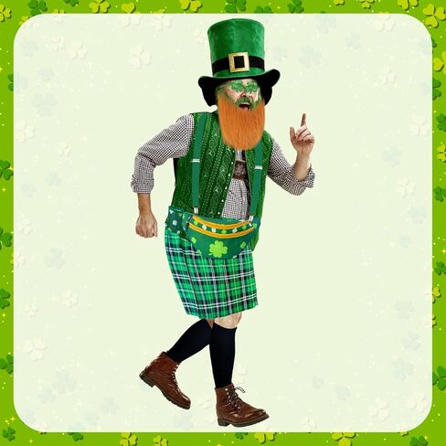 مجموعة أزياء عيد القديس باتريك مكونة من 7 قطع تتضمن حمالات التنورة الخضراء الأيرلندية وحزمة الفاني الخضراء مع قبعة وجورب ولحية وهمية للأزياء الأيرلندية وإكسسوارات الرجال والنساء in Kuwait