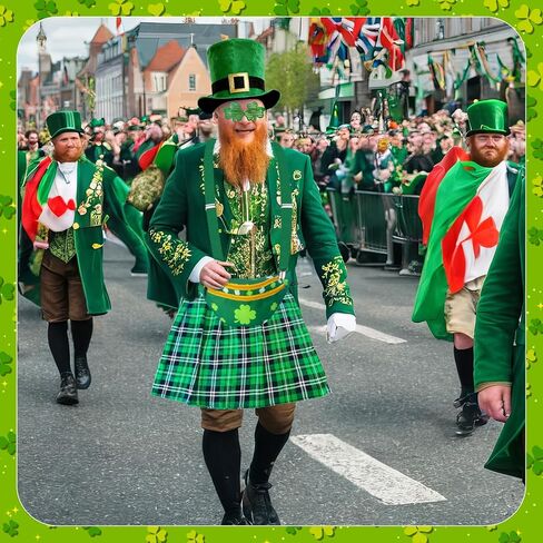 مجموعة أزياء عيد القديس باتريك مكونة من 7 قطع تتضمن حمالات التنورة الخضراء الأيرلندية وحزمة الفاني الخضراء مع قبعة وجورب ولحية وهمية للأزياء الأيرلندية وإكسسوارات الرجال والنساء in Kuwait