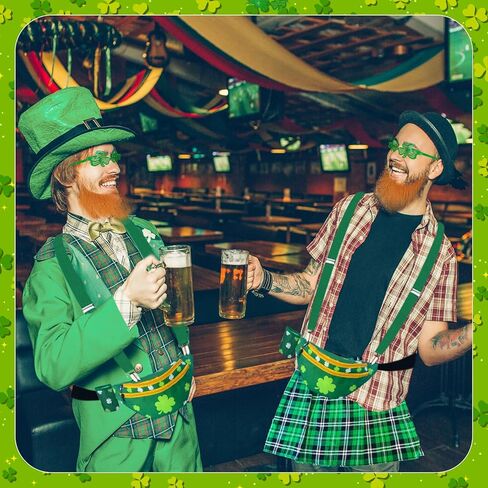 مجموعة أزياء عيد القديس باتريك مكونة من 7 قطع تتضمن حمالات التنورة الخضراء الأيرلندية وحزمة الفاني الخضراء مع قبعة وجورب ولحية وهمية للأزياء الأيرلندية وإكسسوارات الرجال والنساء in Kuwait