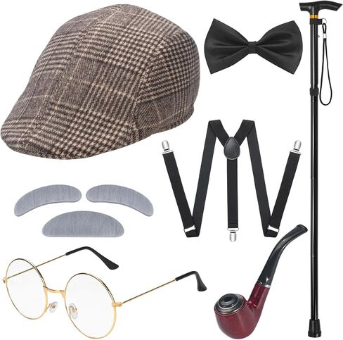 100 Days of School Costume, Old Man Costume Grandpa Accessories with Beret Hat, Glasses, Cane, Suspender, Bow Tie and Moustache Eyebrows, 1920s Mens Gatsby Gangster Costume for Cosplay, Brown in Saudi Arabia