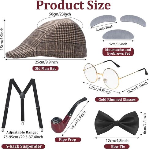 100 Days of School Costume, Old Man Costume Grandpa Accessories with Beret Hat, Glasses, Cane, Suspender, Bow Tie and Moustache Eyebrows, 1920s Mens Gatsby Gangster Costume for Cosplay, Brown in Saudi Arabia