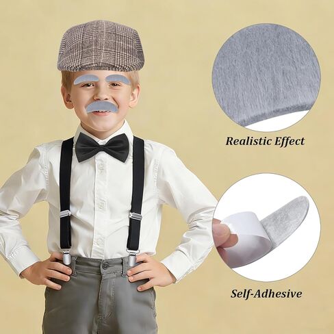 100 Days of School Costume, Old Man Costume Grandpa Accessories with Beret Hat, Glasses, Cane, Suspender, Bow Tie and Moustache Eyebrows, 1920s Mens Gatsby Gangster Costume for Cosplay, Brown in Saudi Arabia