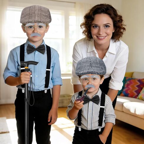 100 Days of School Costume, Old Man Costume Grandpa Accessories with Beret Hat, Glasses, Cane, Suspender, Bow Tie and Moustache Eyebrows, 1920s Mens Gatsby Gangster Costume for Cosplay, Brown in Saudi Arabia