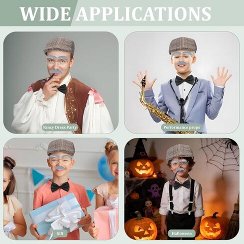 100 Days of School Costume, Old Man Costume Grandpa Accessories with Beret Hat, Glasses, Cane, Suspender, Bow Tie and Moustache Eyebrows, 1920s Mens Gatsby Gangster Costume for Cosplay, Brown in Saudi Arabia