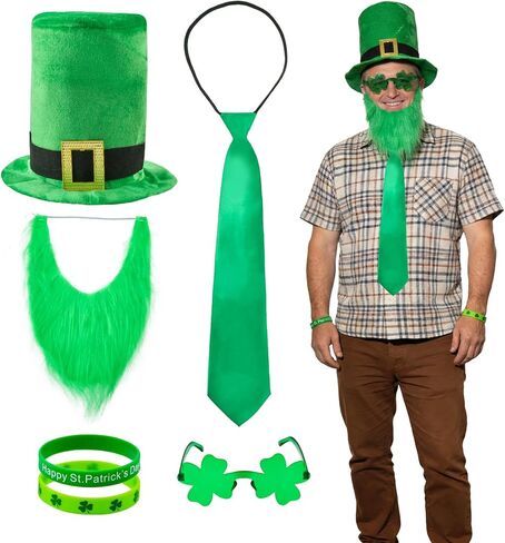 مجموعة أزياء عيد القديس باتريك Leprechaun، قبعة مكونة من 7 قطع، لحية بنية على شكل حرف U، نظارات شامروك، سوار بحروف خضراء، سوار وربطة عنق على شكل زهرة البرسيم، إكسسوارات يوم القديس باتريك للبالغين in Saudi Arabia