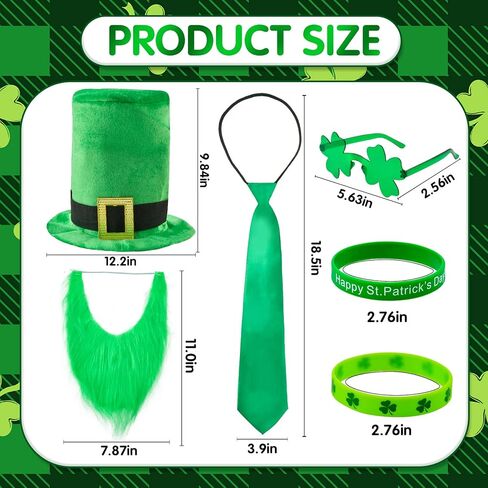مجموعة أزياء عيد القديس باتريك Leprechaun، قبعة مكونة من 7 قطع، لحية بنية على شكل حرف U، نظارات شامروك، سوار بحروف خضراء، سوار وربطة عنق على شكل زهرة البرسيم، إكسسوارات يوم القديس باتريك للبالغين in Saudi Arabia