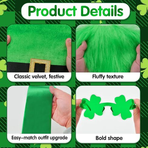 مجموعة أزياء عيد القديس باتريك Leprechaun، قبعة مكونة من 7 قطع، لحية بنية على شكل حرف U، نظارات شامروك، سوار بحروف خضراء، سوار وربطة عنق على شكل زهرة البرسيم، إكسسوارات يوم القديس باتريك للبالغين in Saudi Arabia