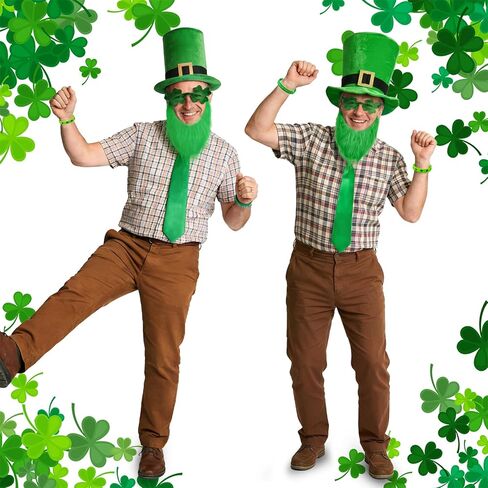 مجموعة أزياء عيد القديس باتريك Leprechaun، قبعة مكونة من 7 قطع، لحية بنية على شكل حرف U، نظارات شامروك، سوار بحروف خضراء، سوار وربطة عنق على شكل زهرة البرسيم، إكسسوارات يوم القديس باتريك للبالغين in Saudi Arabia