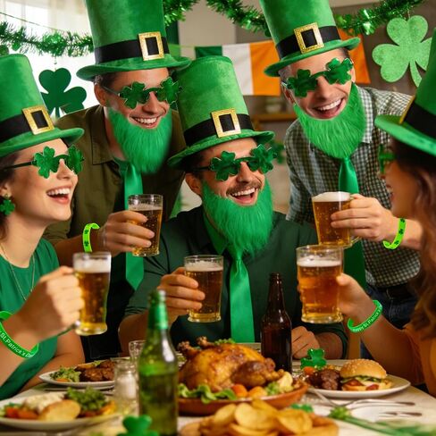 مجموعة أزياء عيد القديس باتريك Leprechaun، قبعة مكونة من 7 قطع، لحية بنية على شكل حرف U، نظارات شامروك، سوار بحروف خضراء، سوار وربطة عنق على شكل زهرة البرسيم، إكسسوارات يوم القديس باتريك للبالغين in Saudi Arabia