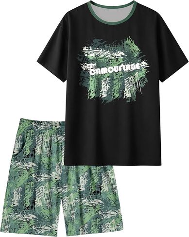 بيجامة للأولاد مكونة من قطعتين، مجموعة ملابس نوم صيفية قصيرة للأطفال، للأولاد بأكمام قصيرة مريحة وسروال PJs مقاس 8-14 in Kuwait