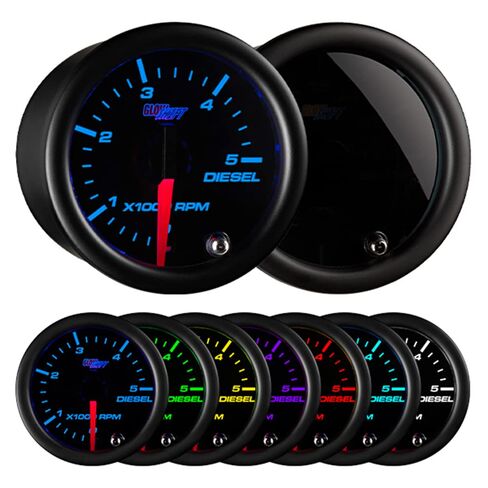 مقياس سرعة الدوران GlowShift ملون 7 ألوان 5000 دورة في الدقيقة - لمحركات الديزل 4، 6، 8 أسطوانات - قرص أسود - عدسة مدخنة - 2-1/16 بوصة 52 مم in Saudi Arabia